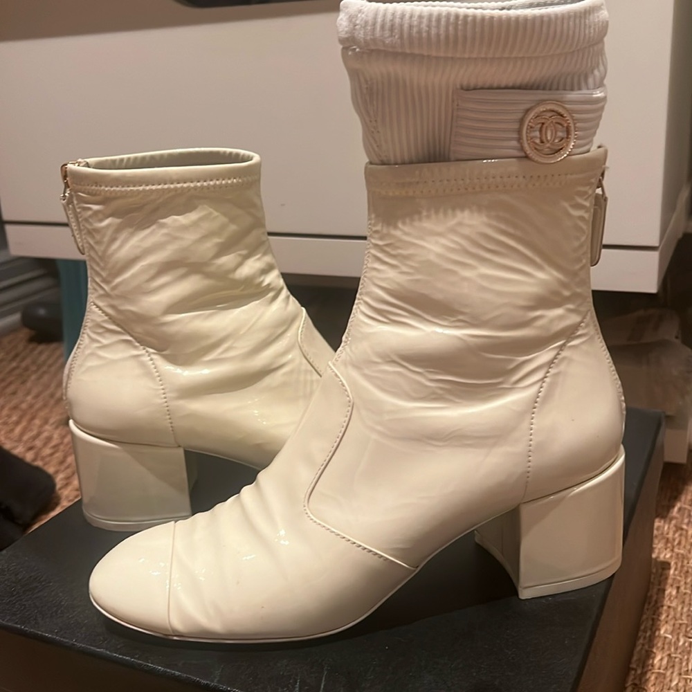 Chanel white patent boots